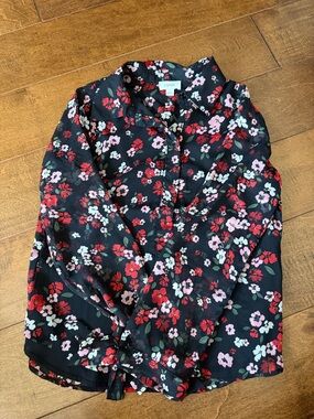 C.C Men's Black Floral Button-Down Shirt with Red & Pink Flowers
